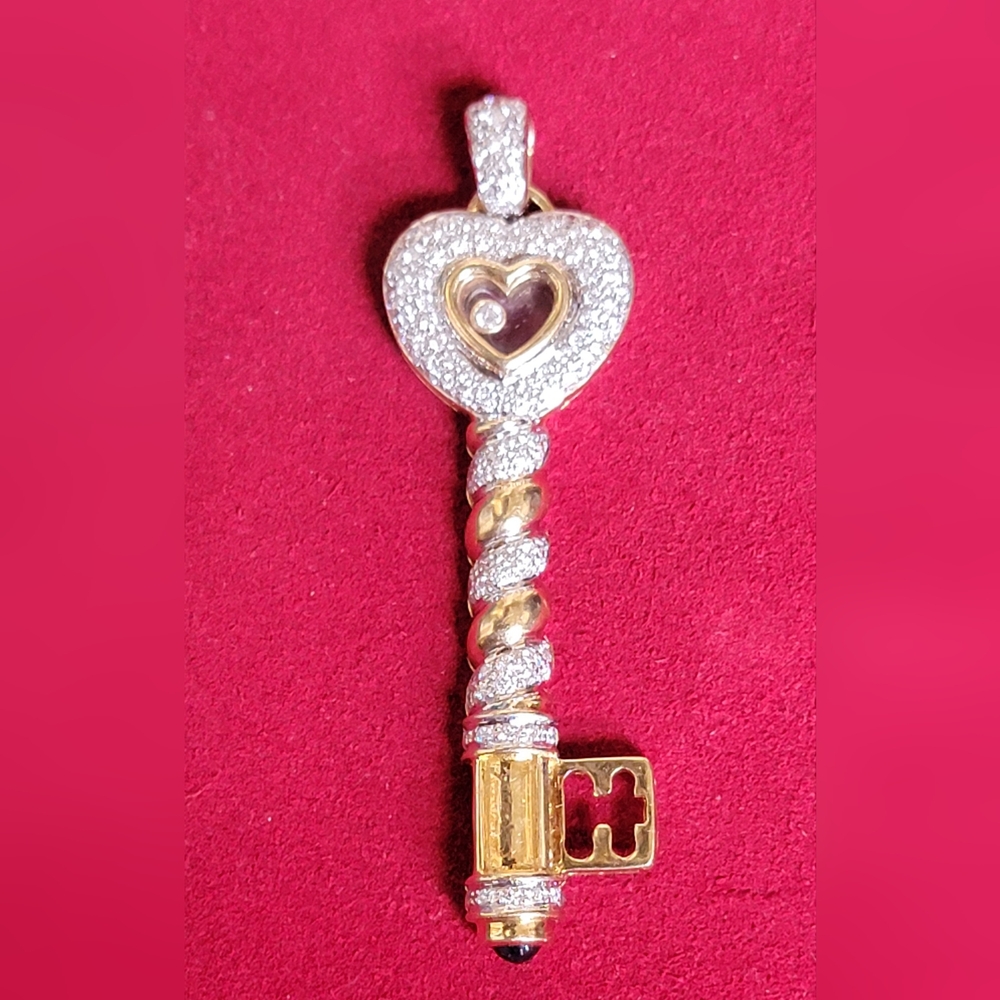 18k Yellow Gold 1.3ct Diamond Heart Key & Bale Floating Diamond Pendant 2.5"TALL